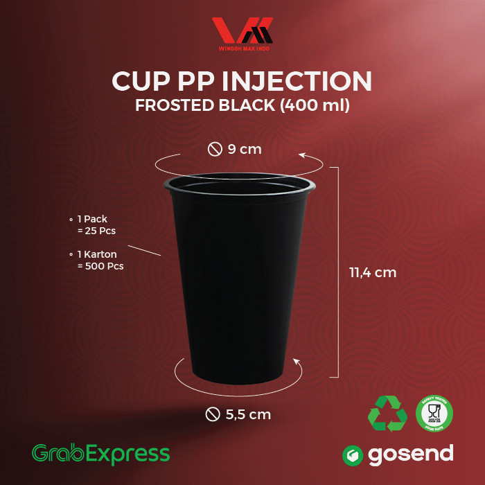 WAL PP Cup 14oz 400ml Inject Frosted Hitam Badan Saja