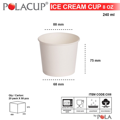 [PPJ.ICC8] POLA Paper Ice Cream 8oz 240ml Putih Pak(50)